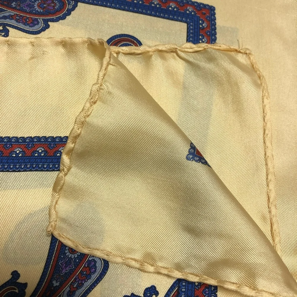 Vintage Silk Paisley Scarf - Yellow Gold Blue Red - Made in Italy - 31”